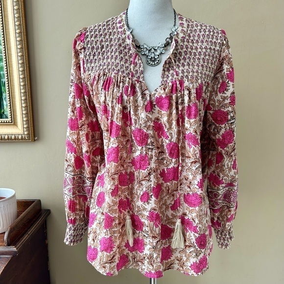 Rachel Zoe Pink Floral Boho Peasant Blouse Smocked Tie Neck Size L - Picture 2 of 10
